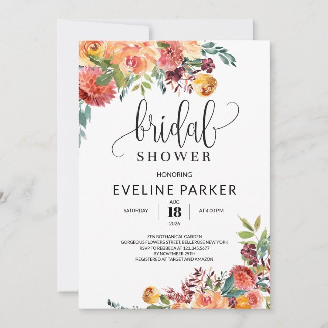 Boho autumn marigold and blush burgundy flowers  invitation (Front)