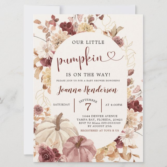 Boho Autumn Pumpkin Floral Baby Shower Invitation (Front)