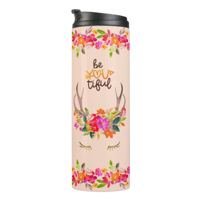 Boho Autumn Reindeer Lashers Floral  Deer Antlers Thermal Tumbler (Rotated Right)