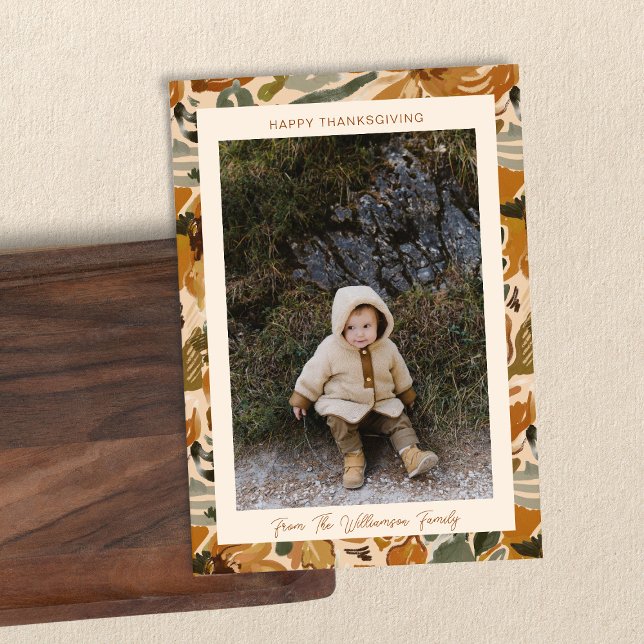 Boho Autumn Terracotta Floral Photo Thanksgiving Holiday Card (Creator Uploaded)