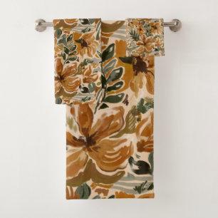 Boho Autumn Terracotta Floral Thanksgiving Fall Bath Towel Set