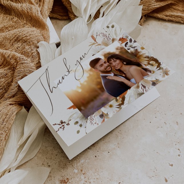 Boho Autumn Wildflower | Beige Folded Photo Thank You Card (Creator Uploaded)
