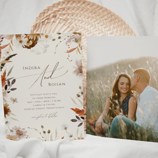 Boho Autumn Wildflower Beige Photo Casual Wedding Invitation (Creator Uploaded)