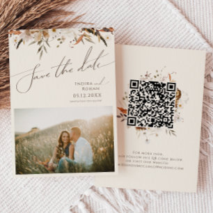 Boho Autumn Wildflower   Beige Photo QR Code Save The Date