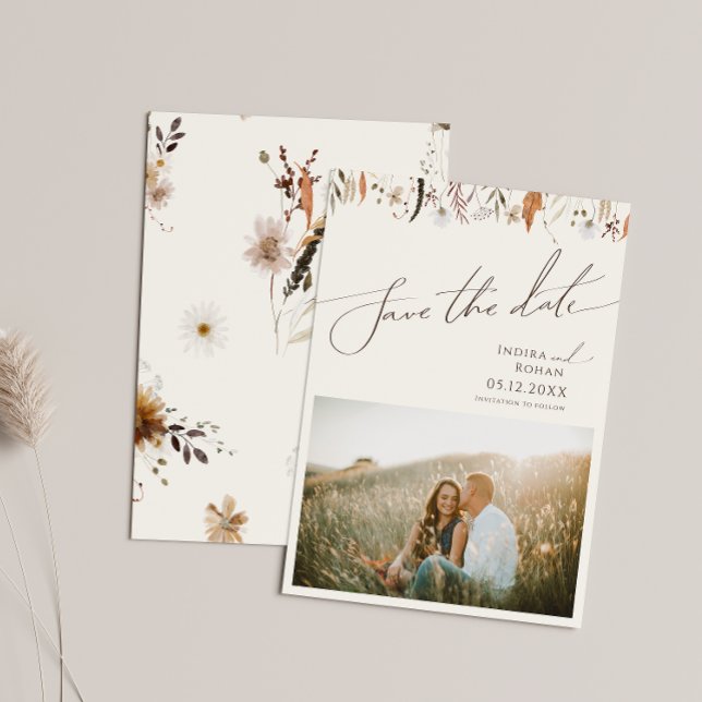 Boho Autumn Wildflower | Beige Photo Save The Date (Creator Uploaded)