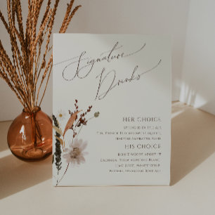 Boho Autumn Wildflower   Beige Signature Drinks Pedestal Sign