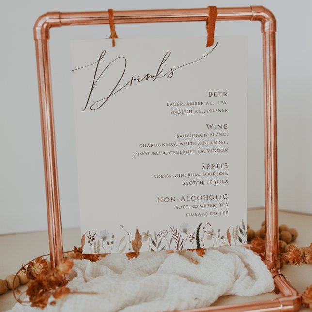 Boho Autumn Wildflower | Beige Wedding Drinks Menu Poster (Creator Uploaded)