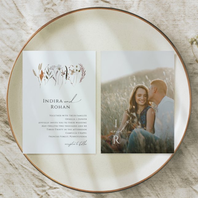 Boho Autumn Wildflower | Monogram Photo Wedding Invitation (Creator Uploaded)