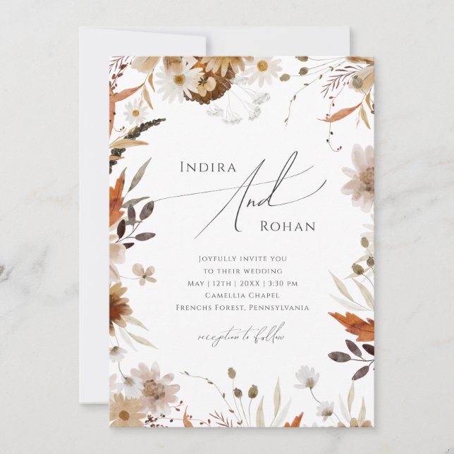 Boho Autumn Wildflower QR Code All In One Wedding Invitation (Front)