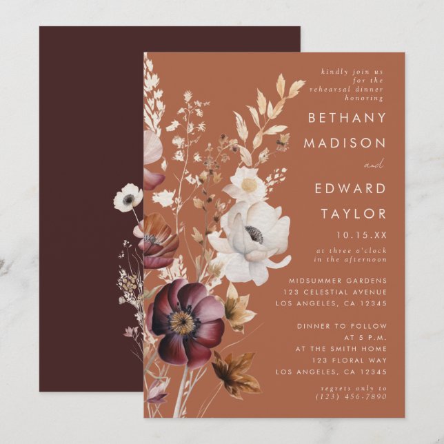 Boho Autumn Wildflower Terracotta Rehearsal Dinner Invitation (Front/Back)
