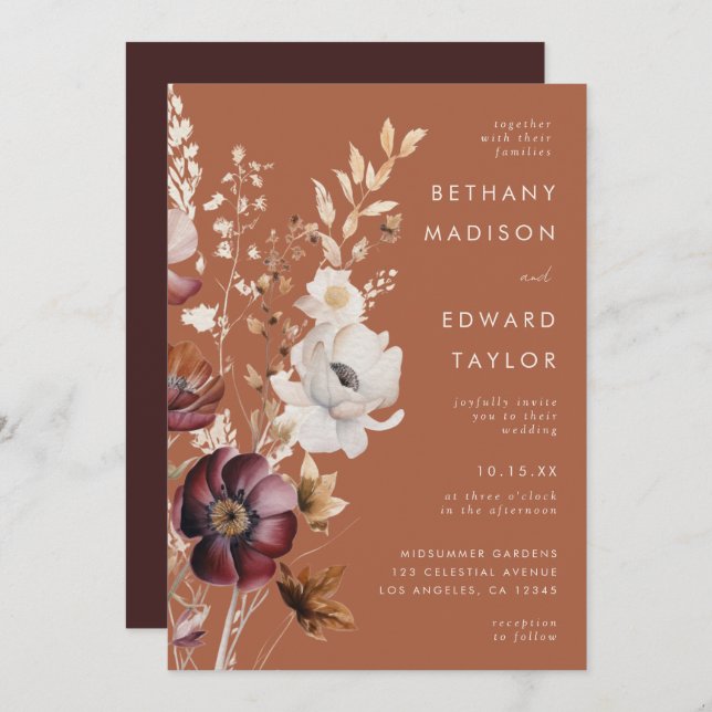 Boho Autumn Wildflower Terracotta Wedding Invitation (Front/Back)