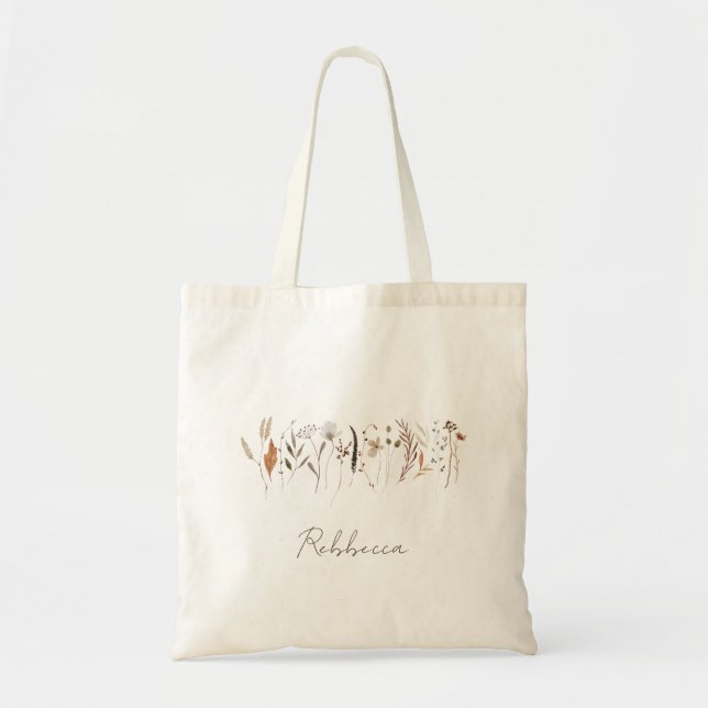 Boho Autumn Wildflower With Name Tote Bag (Front)