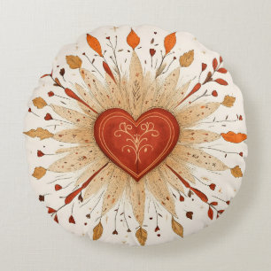 Boho Autumnal Heart Illustration Round Pillow