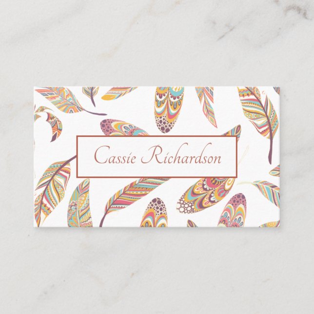 Boho Aztec Feather Pattern Business Card (Front)