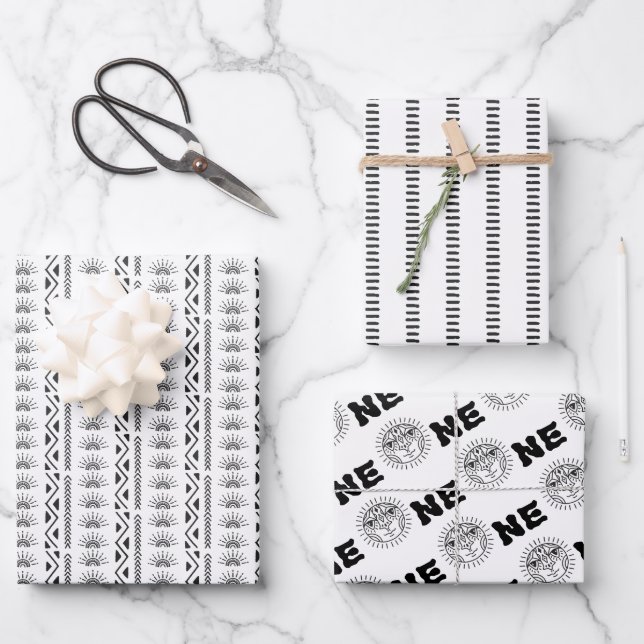 Boho Aztec Themed Line Art Sun One 1st Birthday Wrapping Paper Sheet (Front)