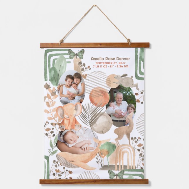 Boho Baby Animals 3 Photo Nursery Birth Stats Hang Hanging Tapestry (Front)