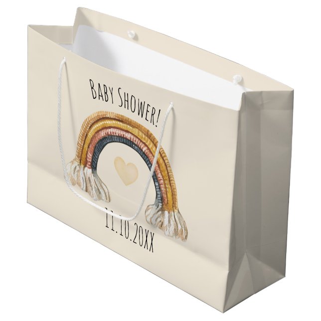 Boho Baby Beige Rainbow Baby Shower Large Gift Bag (Front Angled)