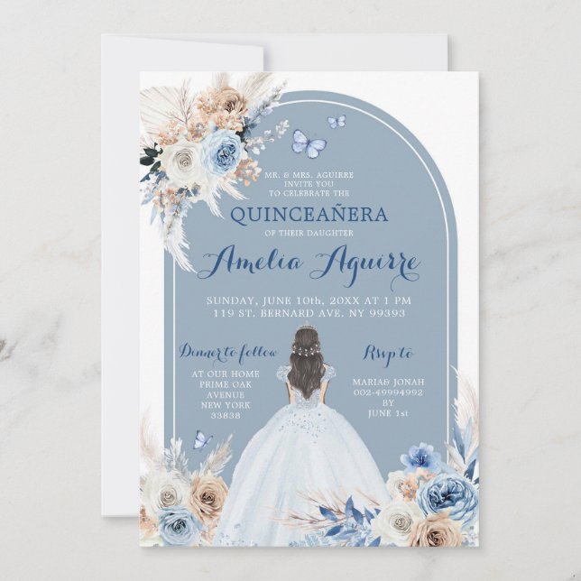 Boho Baby Blue Quinceañera Invitation (Front)