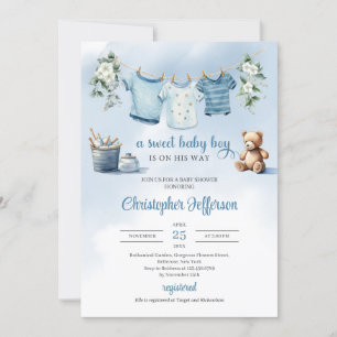 Boho Baby Boy Clothesline eucalyptus teddy bear Invitation