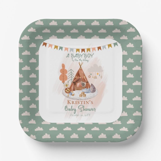 Boho Baby Boy Teepee and Toys Baby Shower  Paper P Paper Plate (Front)