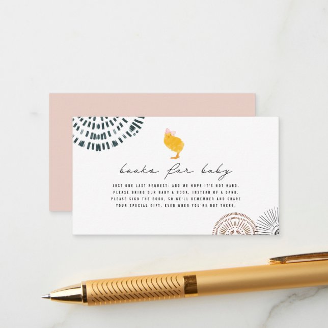 Boho Baby Chick Pink Book Request Baby Shower Enclosure Card (Front/Back In Situ)