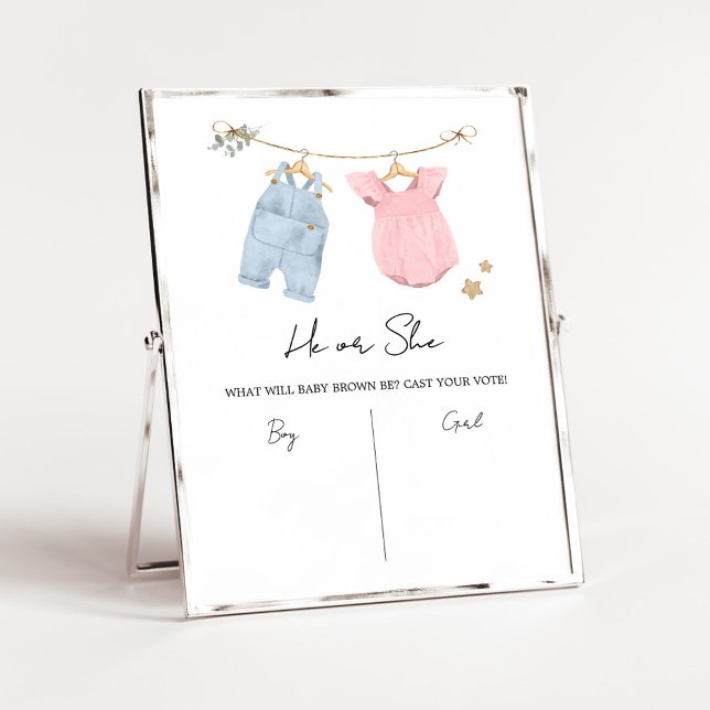 Boho Baby Clothes Gender Reveal Sign (Boho Baby Clothesline Baby Shower Voting Sign)
