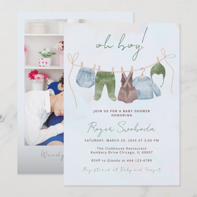 Boho baby clothes sweet baby boy baby shower invitation (Front/Back)