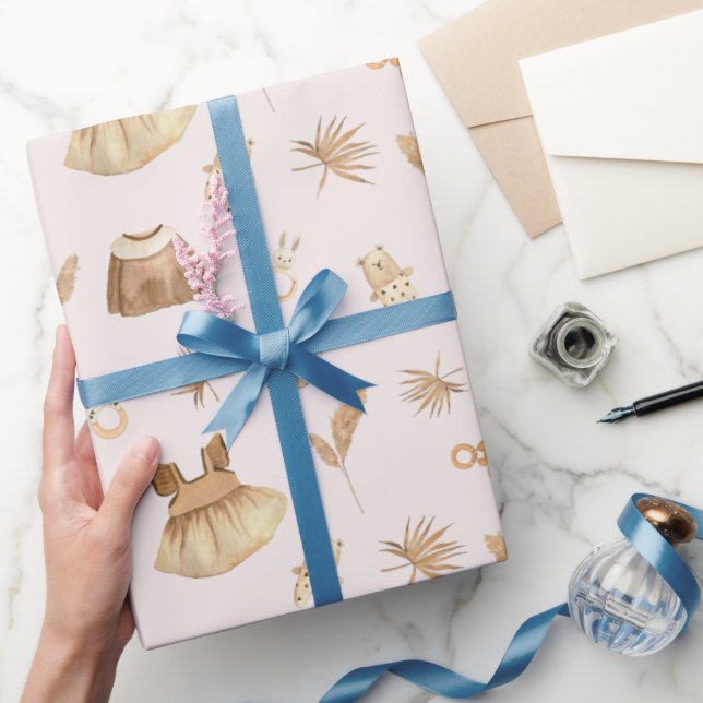 Boho Baby Dress Rattle Pattern Pink Wrapping Paper (Gifting)