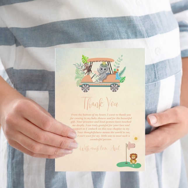Boho Baby Elephant, Monkey, Lion Golf Baby Shower Thank You Card (Creator Uploaded)