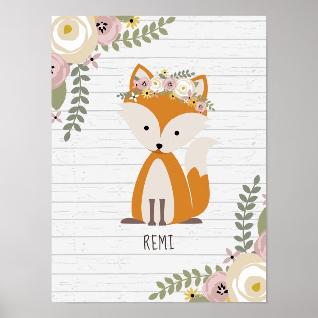 Boho Baby Fox Wood Personalized Nursery Artwork Poster (Front)