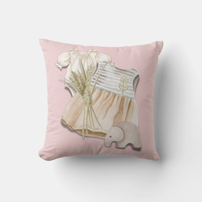 Boho Baby Girl Outfit with Elephant | Pink Nursery Throw Pillow (Front)