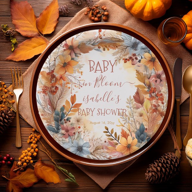 Boho Baby in Bloom Fall Floral Frame Baby Shower Paper Plate (Boho Baby in Bloom Fall | Autumn Floral Frame Baby Shower Round Paper Plates)