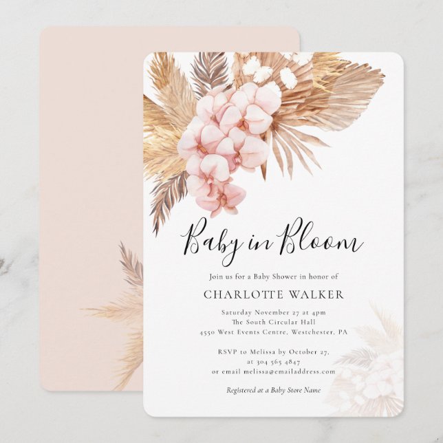 Boho Baby in Bloom Pampas Pink Floral Shower  Invitation (Front/Back)