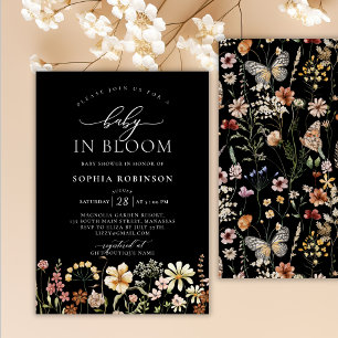 Boho Baby in Bloom Wildflower Black Baby Shower  Invitation
