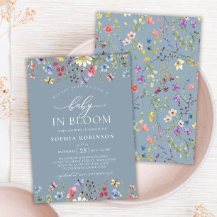 Boho Baby in Bloom Wildflower Blue Baby Shower  Invitation