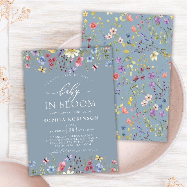 Boho Baby in Bloom Wildflower Blue Baby Shower  Invitation (Creator Uploaded)