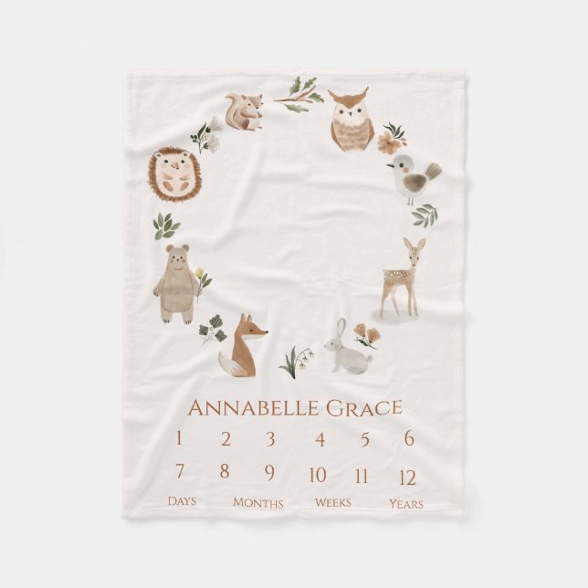 Boho Baby Milestone Woodland Animal Wreath Fleece Blanket (Front)