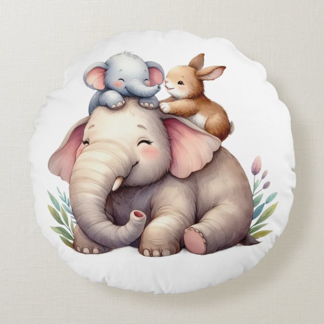 Boho Baby Room Decor | Elephant and baby bunny |  Round Pillow (Front)