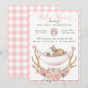 BOHO Baby Shower Coral  Hammock Antlers Floral Invitation