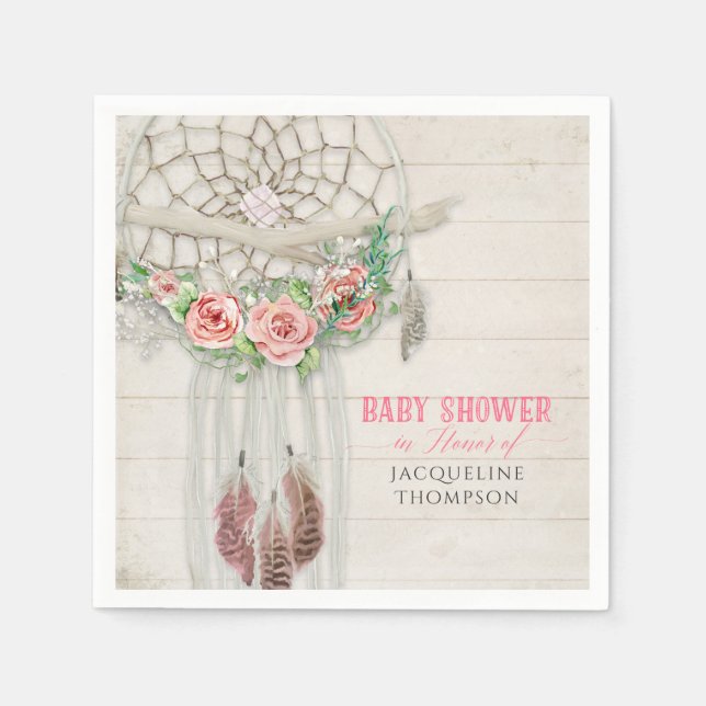 BOHO Baby Shower Feathers Dream Catcher Macrame Napkin (Front)
