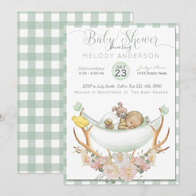 BOHO Baby Shower Green Hammock Antler with Roses Invitation (Front/Back)
