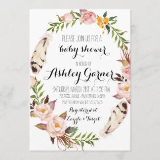 Boho Baby Shower Invitation, Feather, Flower Invitation