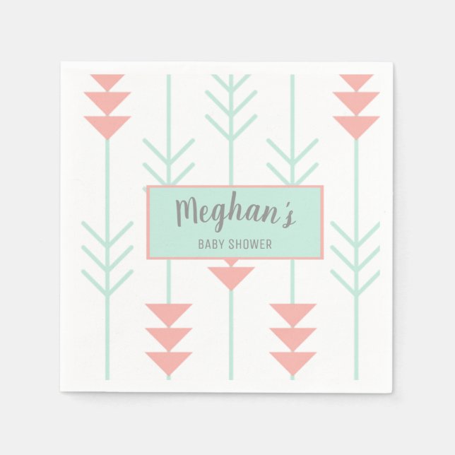 Boho Baby Shower | Mint Green and Peach Arrow Napkin (Front)