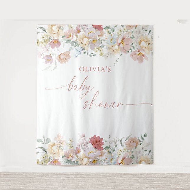 Boho Baby Shower Modern Floral Backdrop Tapestry  (Front)