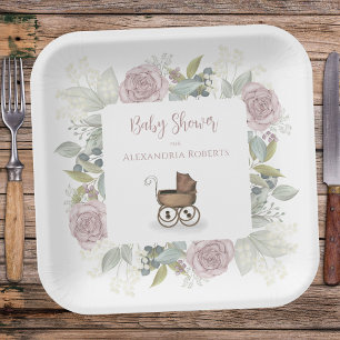 Boho Baby Shower Pink Botanical Floral Vintage Paper Plate