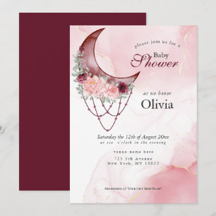 Boho Baby Shower Pink Crescent Moon Mandala Invitation
