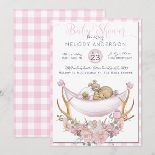 BOHO Baby Shower Pink Hammock Antlers Floral Invitation