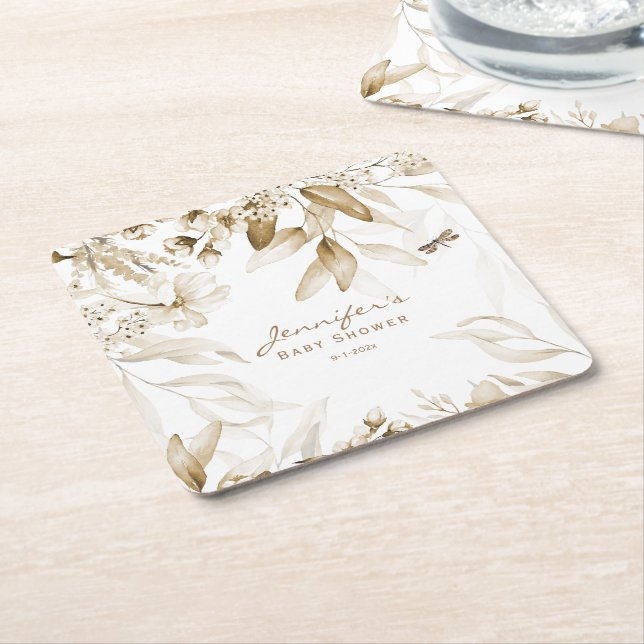 Boho Baby Shower, Sepia Still Life Floral Drop, Square Paper Coaster (Angled)