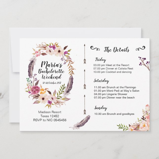 Boho Bachelorette Weekend Itinerary Invitation (Front)