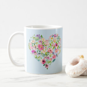 Boho Bailee Blue Pastel Floral Heart Initial Coffee Mug